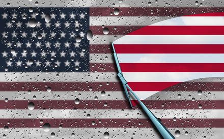 American optimism and positive economic sentiment in the United States of America as a national government hope metaphor as a wiper clearing the gray dark wet clouds with 3D illustration elements.